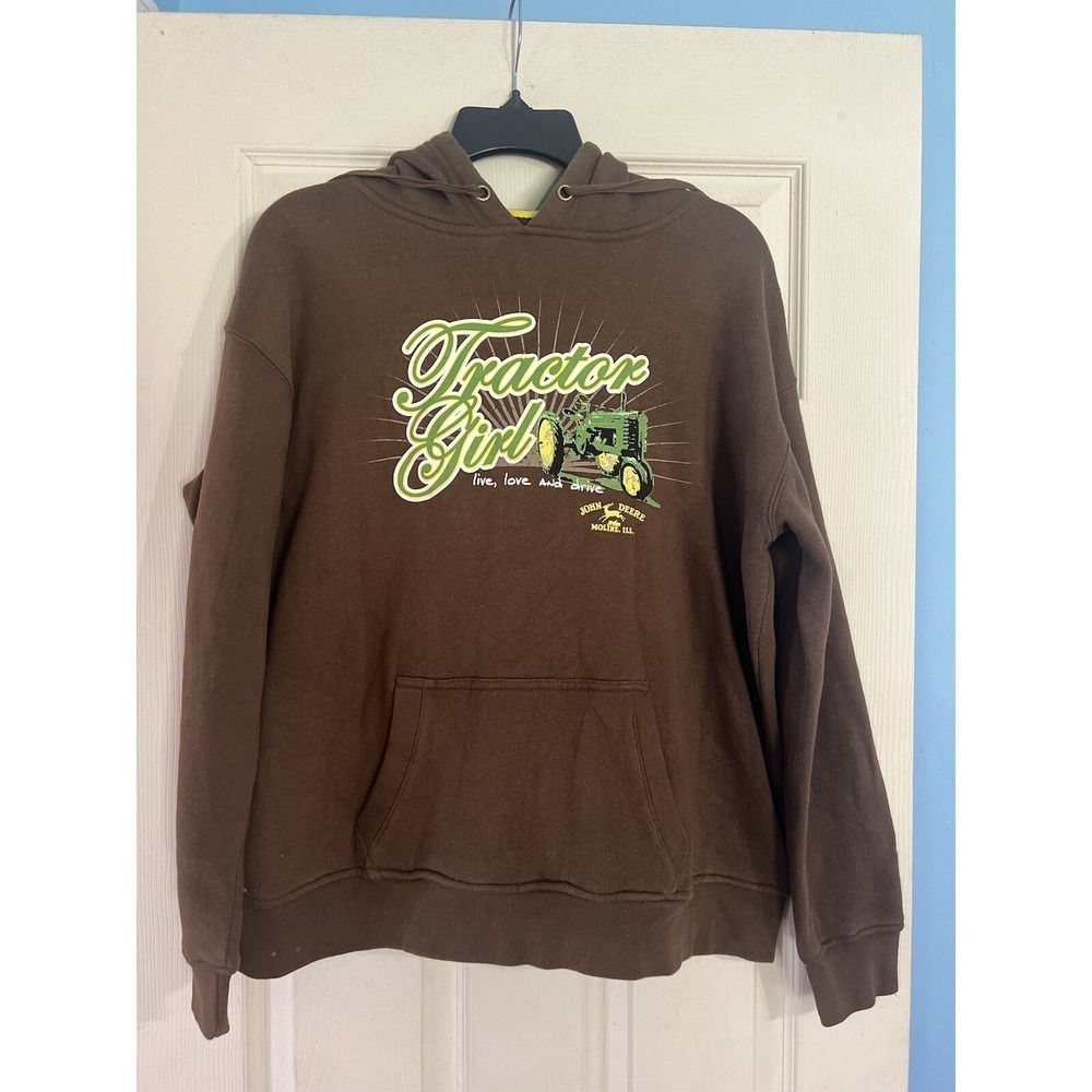 John Deere Tractor Girl Hoodie Brown Green Graphic Sweatshirt Women's L Farm